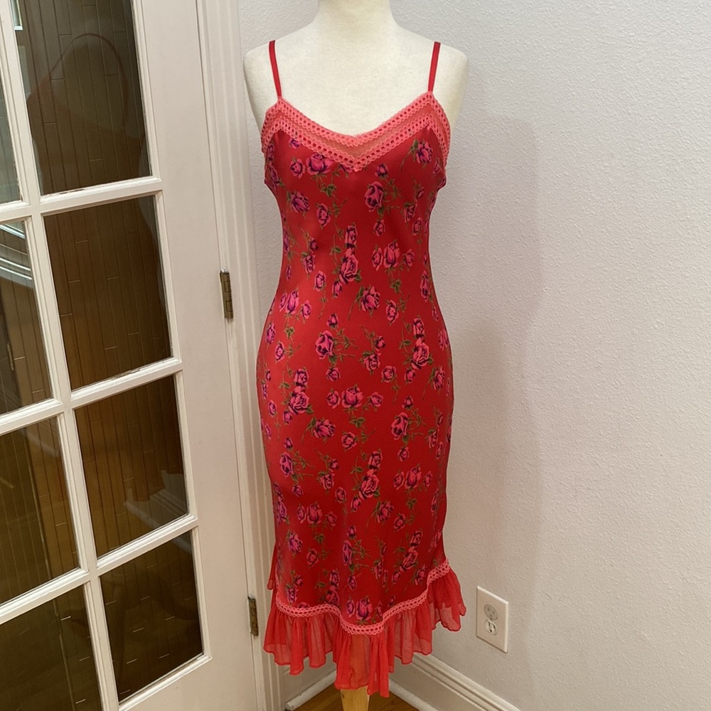 Vintage 90s Y2k 🌹🌷 Betsey Johnson Red Silk Satin Rose Slip Dress, Size Small